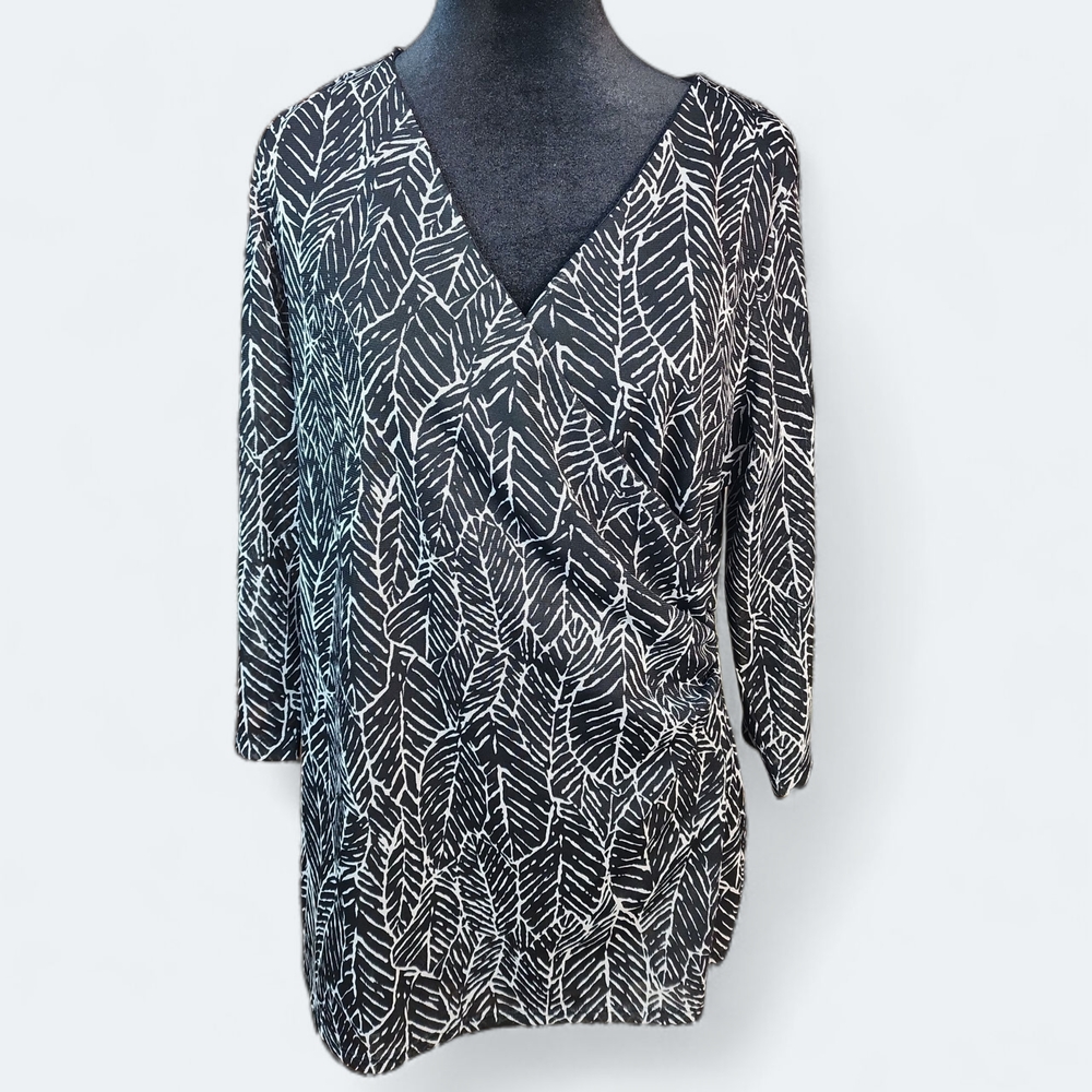 COLDWATER CREEK | Black White Palm Fronds Leaves Pattern Rouched Blouse | XL 16